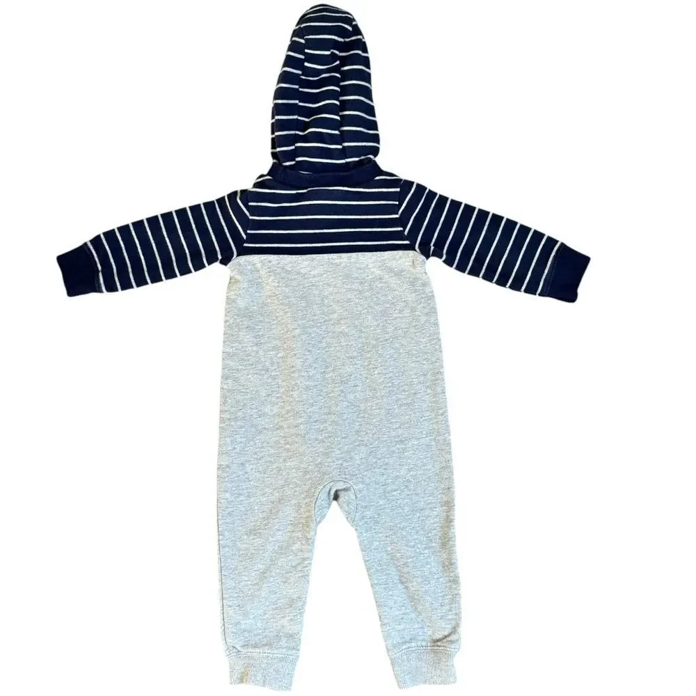 Carter’s Baby Boy Striped Blue Gray Hooded Cotton Coverall One Piece. 12 Months.